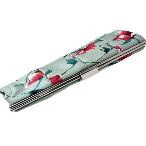 Express Floral Clutch Handbag in Sea Green and Pink Satin 12" Across - Hey Viv - Picture 4 of 7